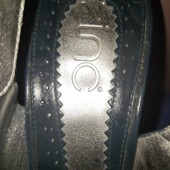 ZINC Dark Teal Blue Leather Peep Toe 5" Platform Wedge Heels Shoes 9.5M - Picture 3 of 5